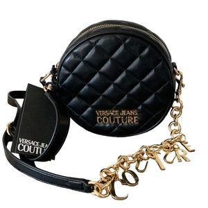 Versace Jeans Couture Quilted Rounded Crossbody Bag Gold-tone Chain Logo Charms